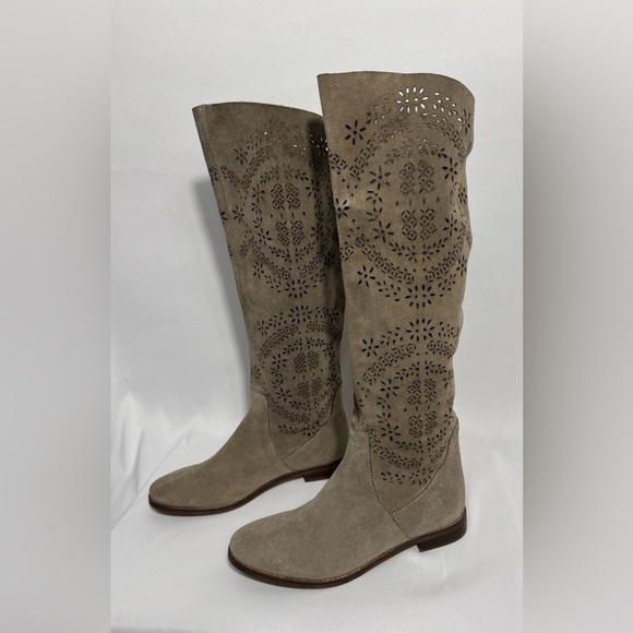 Bata Shoes - Bata Lace Cut Out Suede Leather Boots Women's Size 36 (5.5-6) Beige Tall Riding